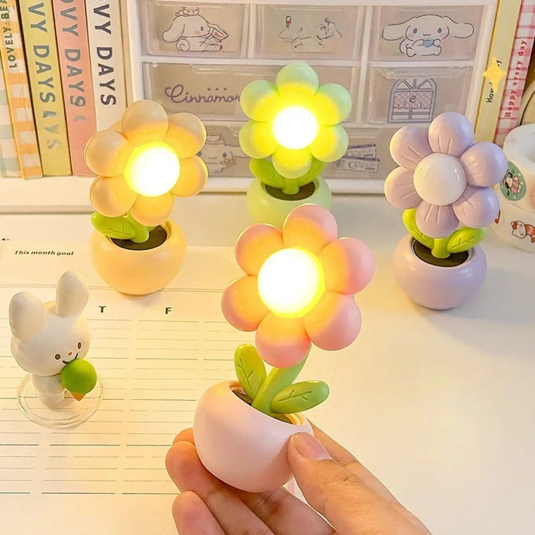 Veilleuse flow lampe de bureau en forme de fleur pastel en plastique lisse avec lumière douce dans un pot arrondi objet décoratif