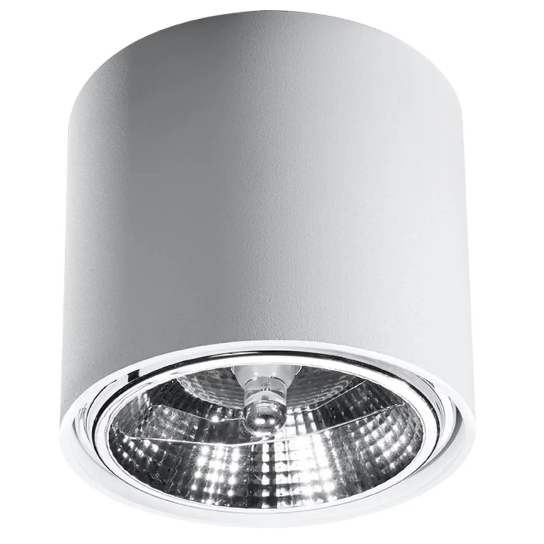 Plafonnier tiube moderne avec forme minimaliste cylindrique blanc mat et bordure chrome poli intérieur réfléchissant