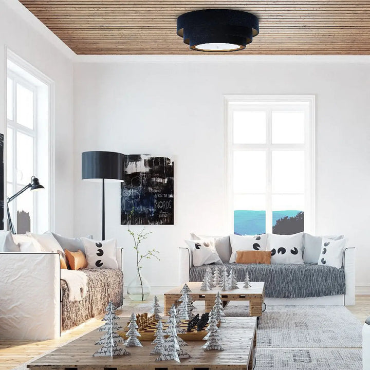 Plafonnier bleu marine circulaire en tissu velours texturé avec bordure dorée luminaire triniti veloursstoff