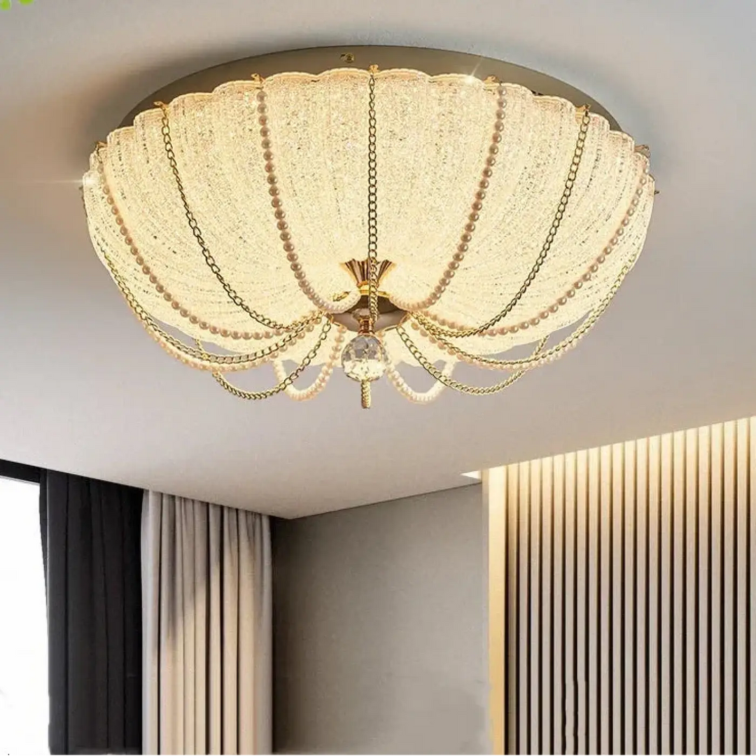 Plafonnier cristal doré style royal perles élégantes luxe