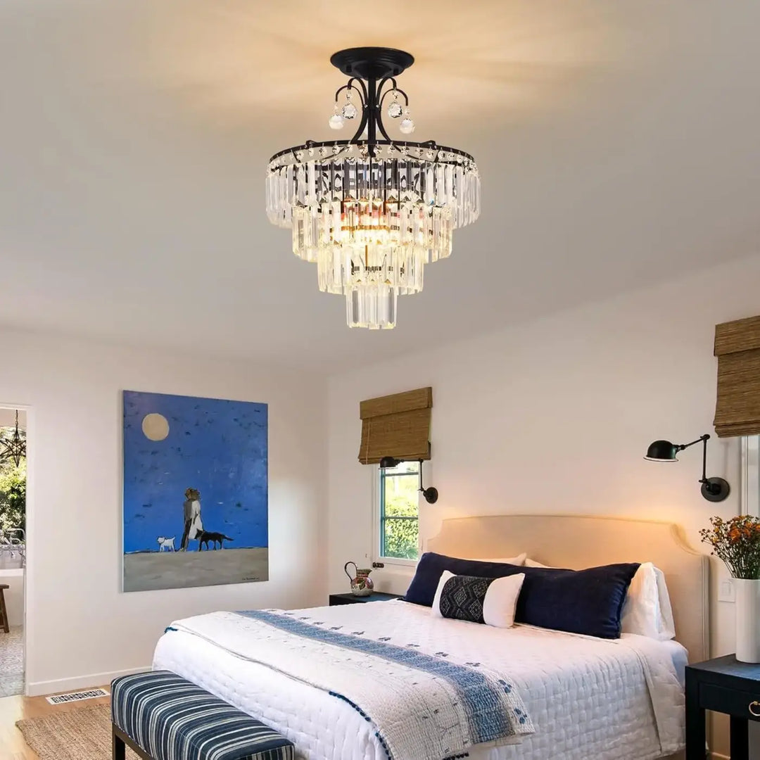 Plafonnier Cristal Noir Multi Étages Luminaire Élégant Chic

