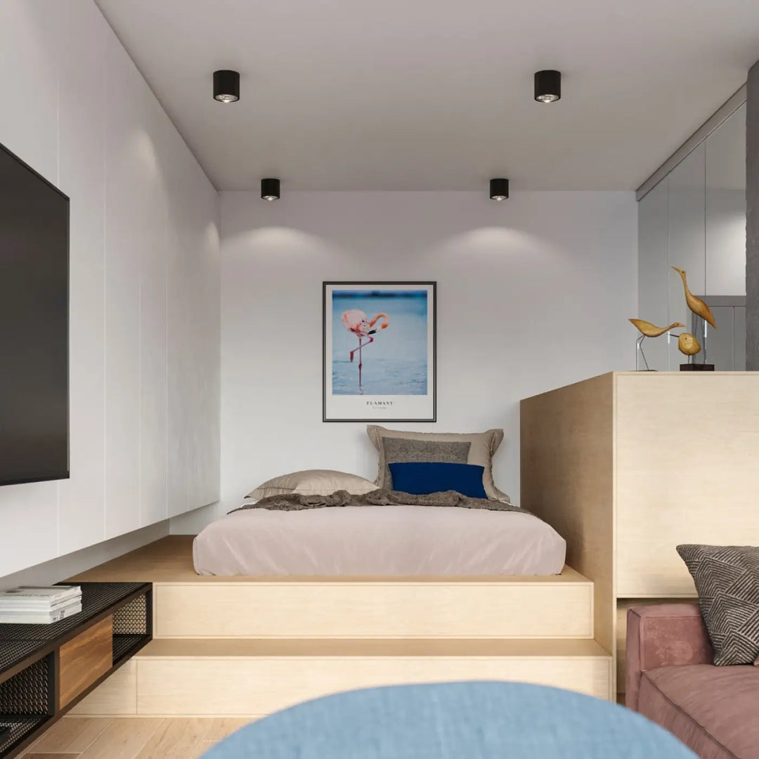 Plafonnier tiube noir avec forme minimaliste et design moderne monté au mur avec écran tv blanc à cadre noir élégant