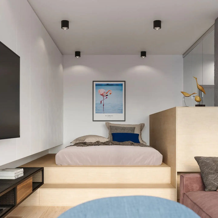 Plafonnier tiube noir avec forme minimaliste et design moderne monté au mur avec écran tv blanc à cadre noir élégant