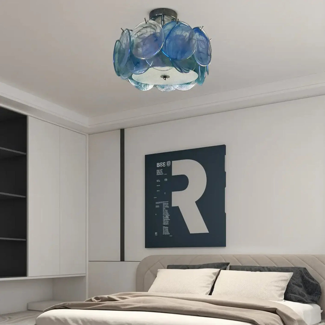 Luminaire plafonnier abalone avec suspension en verre bleu design moderne en forme de fleur