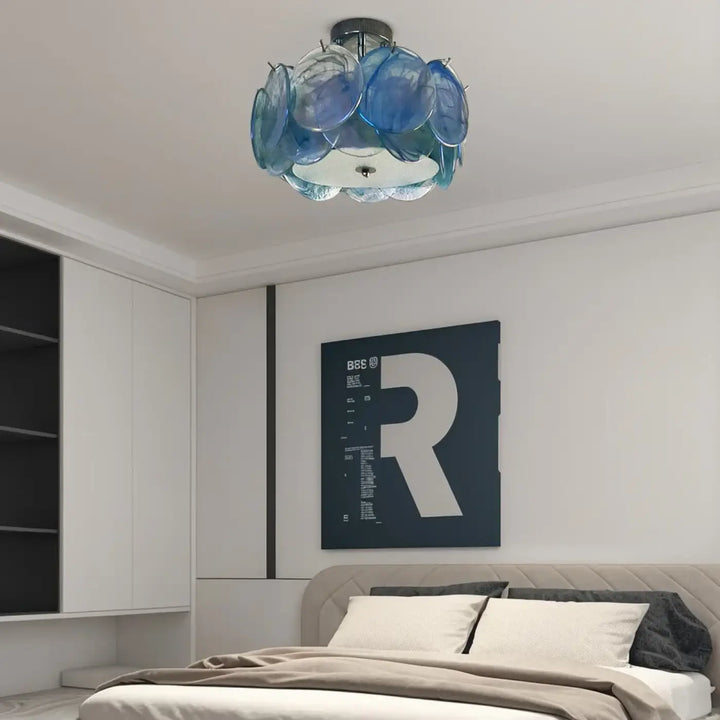 Luminaire plafonnier abalone avec suspension en verre bleu design moderne en forme de fleur
