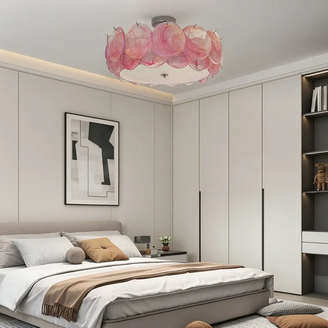 Luminaire plafonnier abalone en verre translucide rose avec un design circulaire pour éclairage intérieur