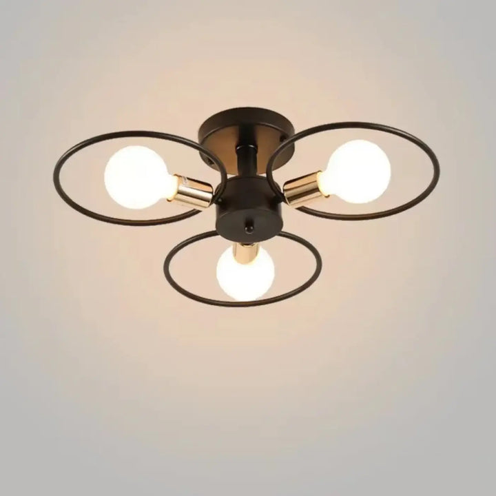 Plafonnier Design À Anneaux Métal Noir Et Ampoules Rétro

