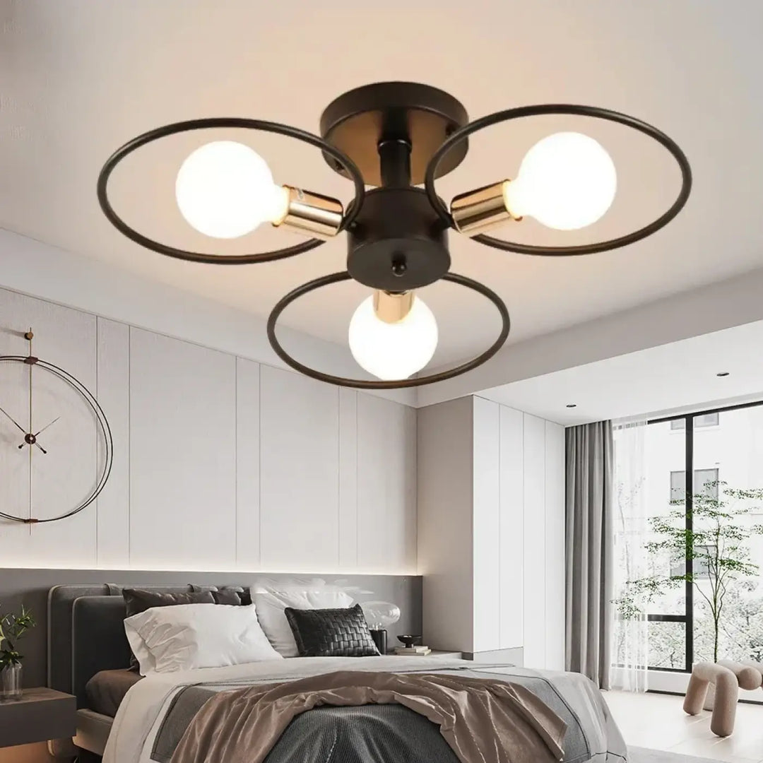 Plafonnier Design À Anneaux Métal Noir Et Ampoules Rétro


