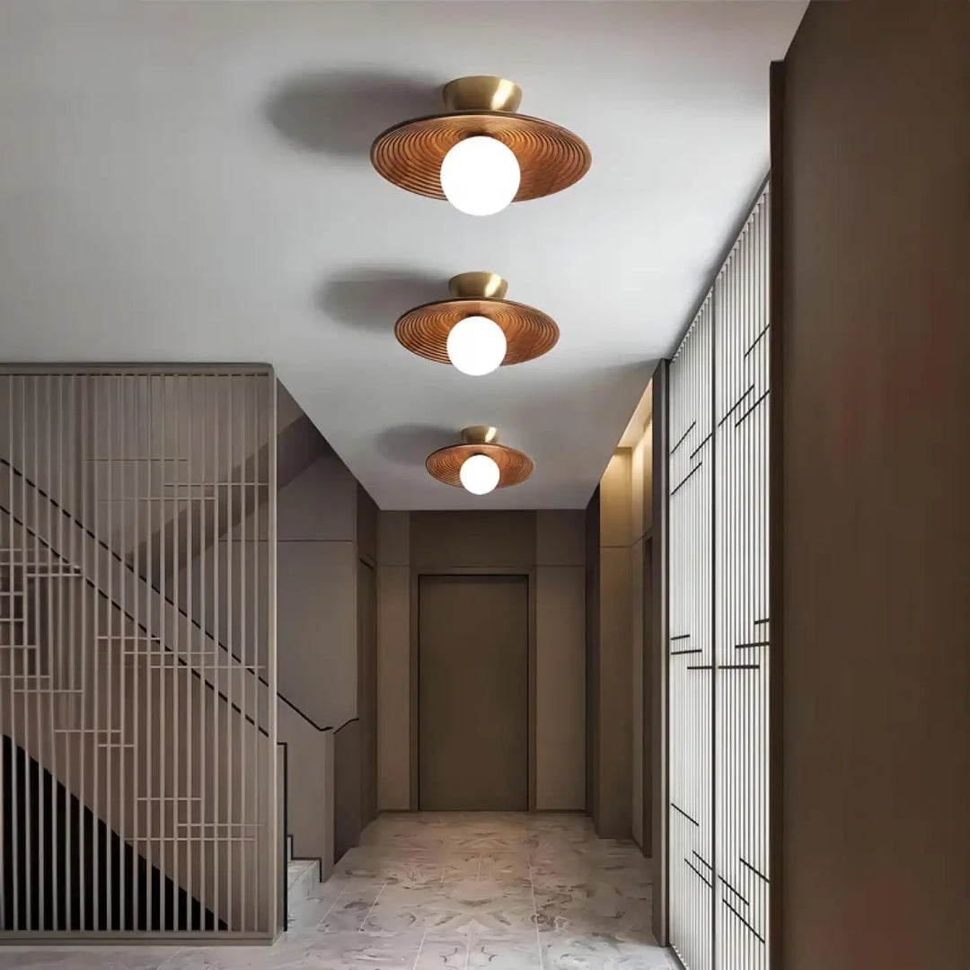 Plafonnier design bois noix et fer led décor bois marron