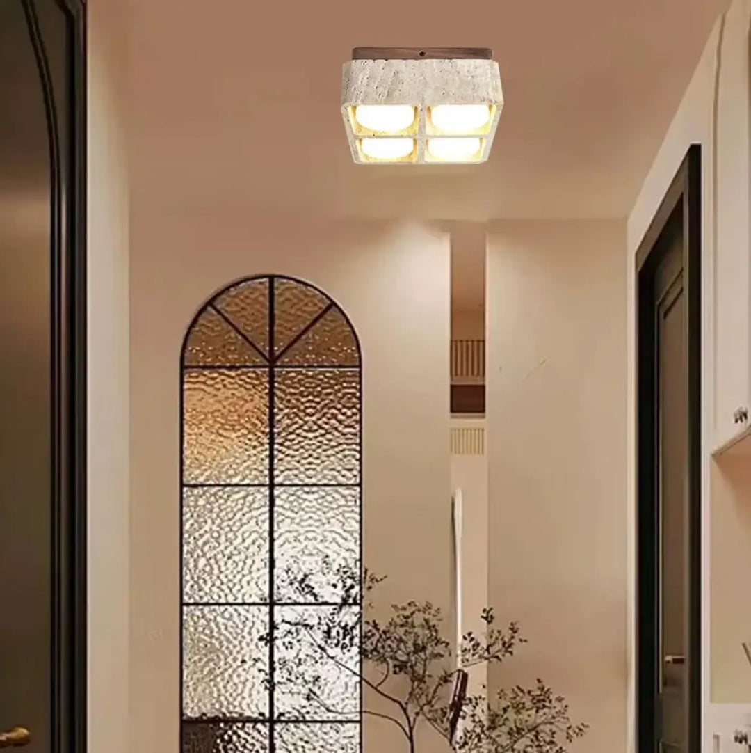Plafonnier design carré en pierre et bois brut marron chic