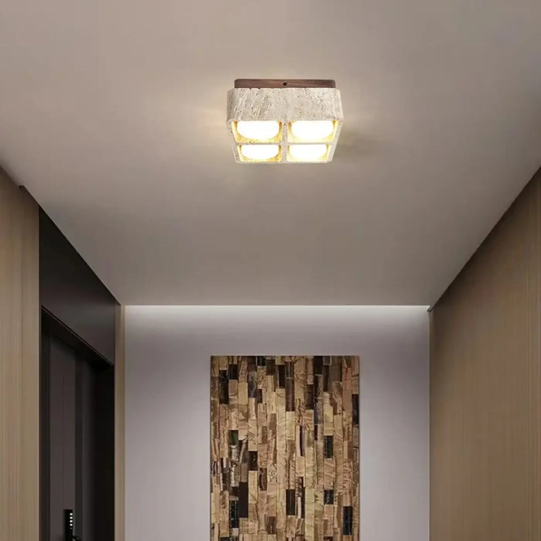 Plafonnier design carré en pierre et bois brut marron chic