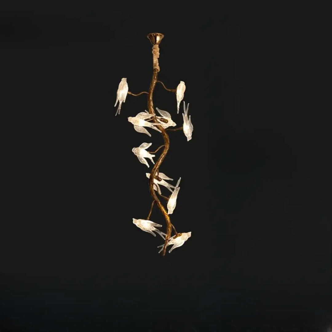 Luminaire plafonnier winglow en fer forgé doré forme branche avec luminaires oiseaux blancs translucides délicats