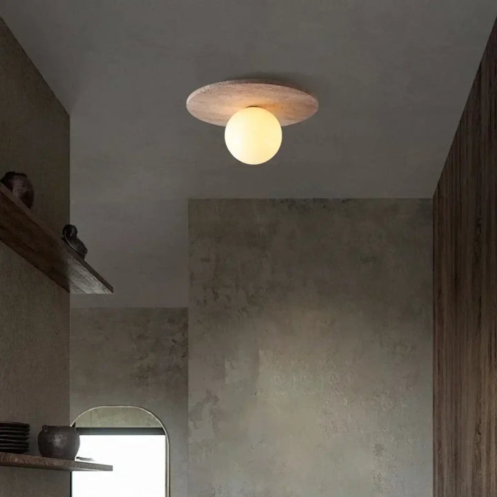 Plafonnier design en pierre et globe en verre blanc moderne