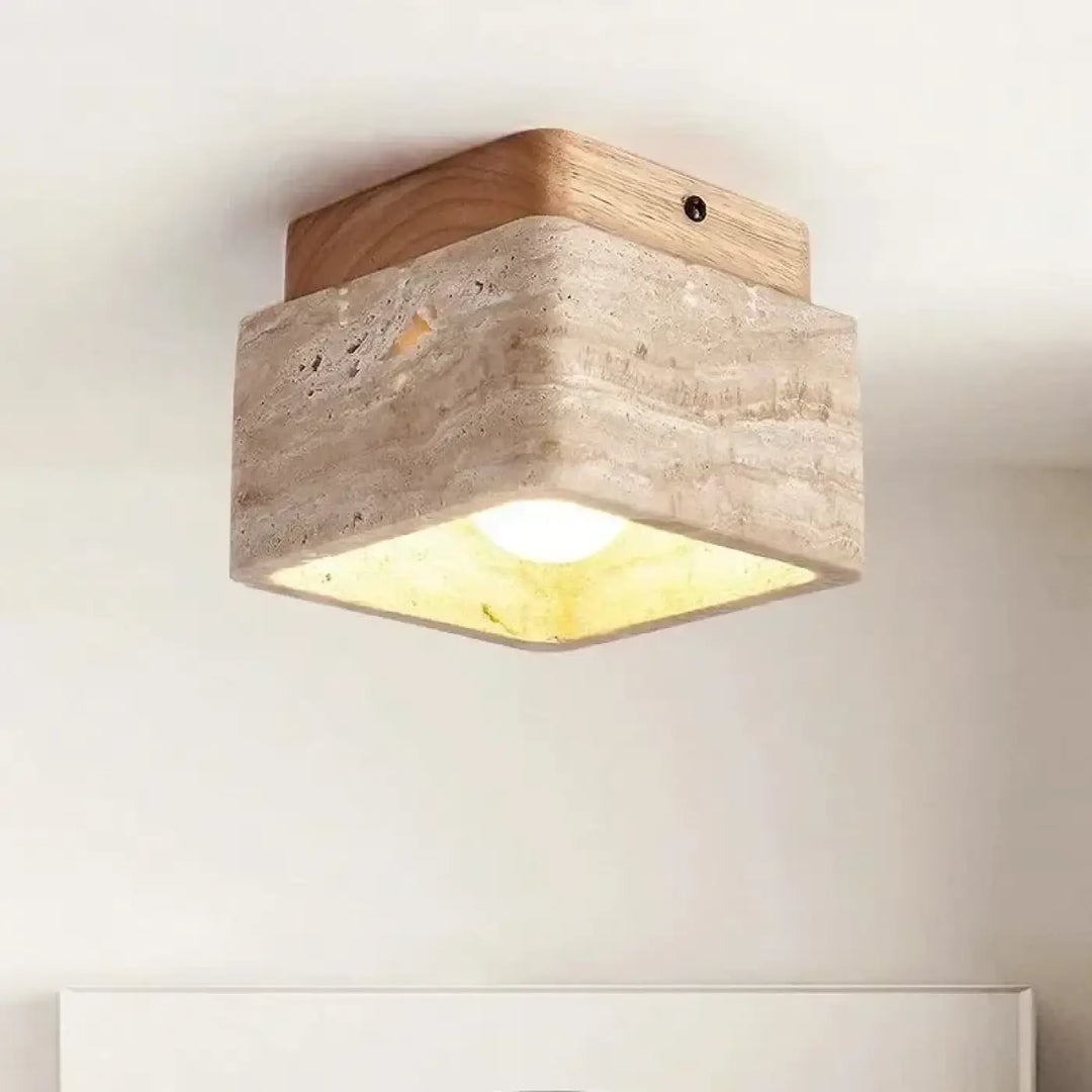 Luminaire plafonnier carré en béton rustique avec bois naturel et lumière jaune chaude pour décoration intérieure design