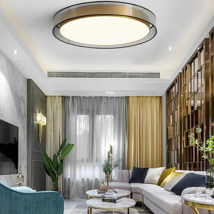 Luminaire plafonnier vadim moderne avec cadre métallique doré et centre en verre dépoli pour plafond