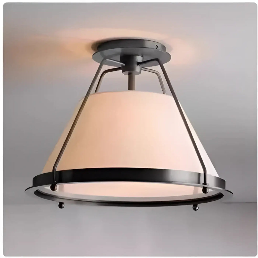 Luminaire plafonnier hevya avec cadre métal noir mat et abat-jour tissu écru, charme contemporain et présence lumineuse