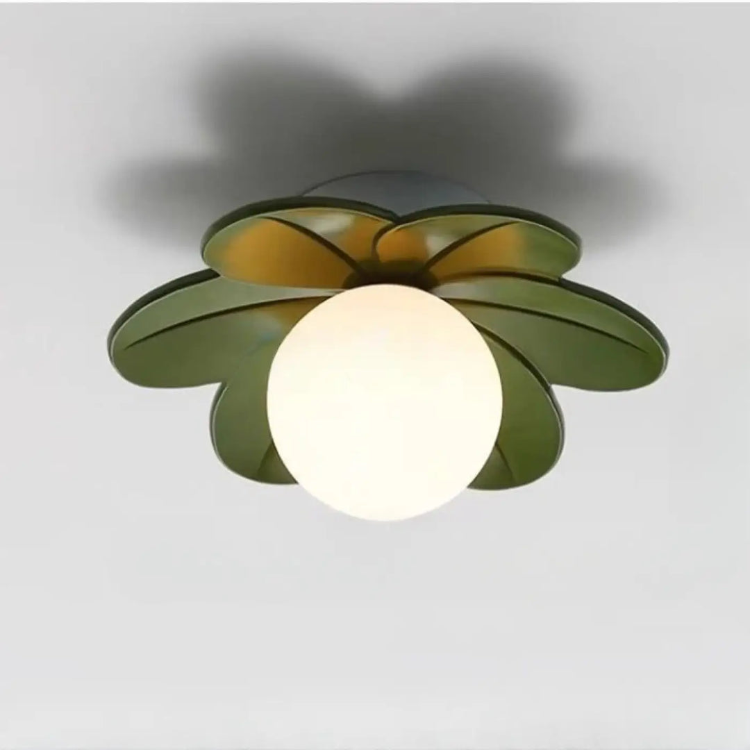 Luminaire plafonnier hirana vert olive en forme de feuille avec diffuseur sphérique en verre blanc pour plafonnier floral moderne