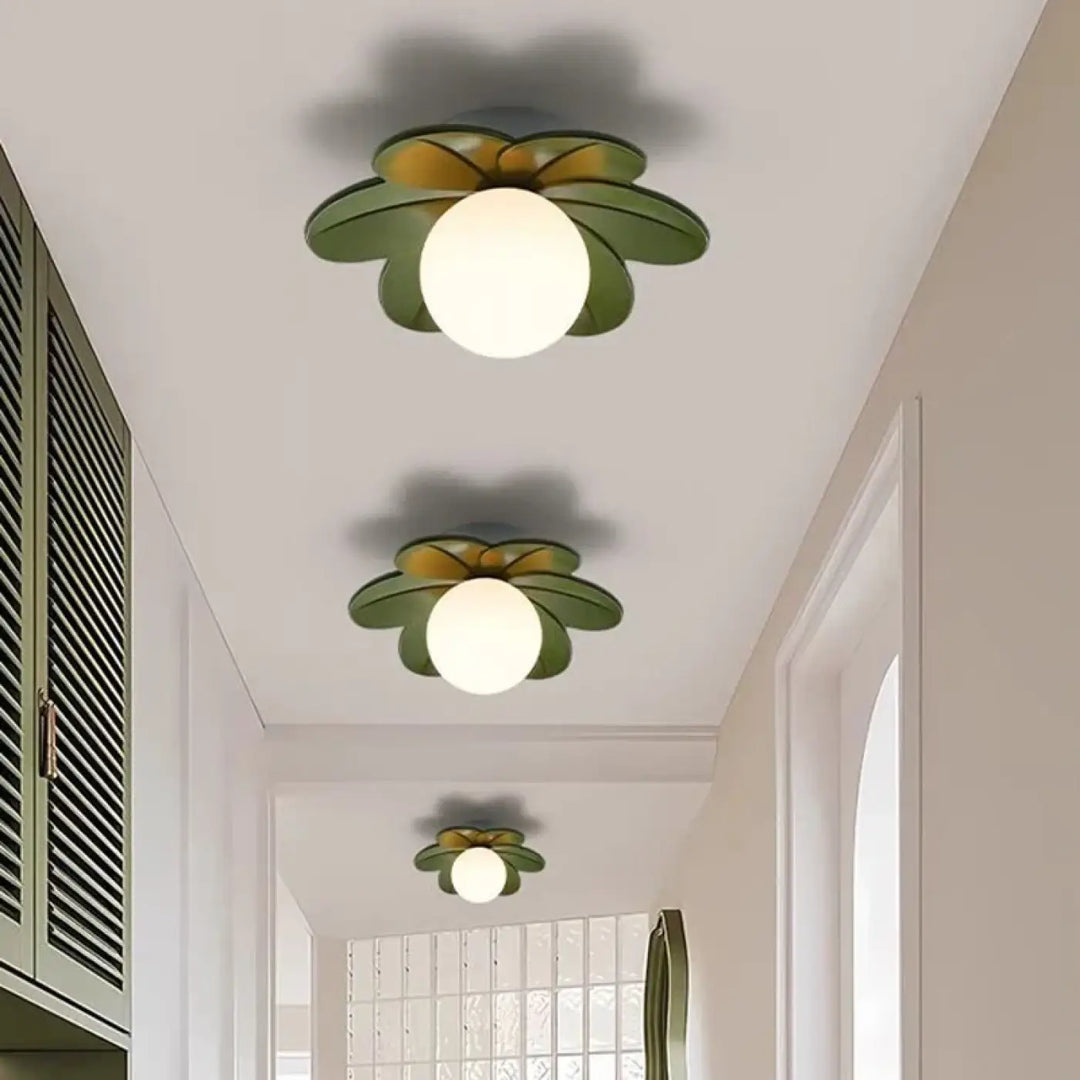 Luminaire plafonnier hirana floral moderne avec diffuseur sphérique en verre blanc vert et jaune