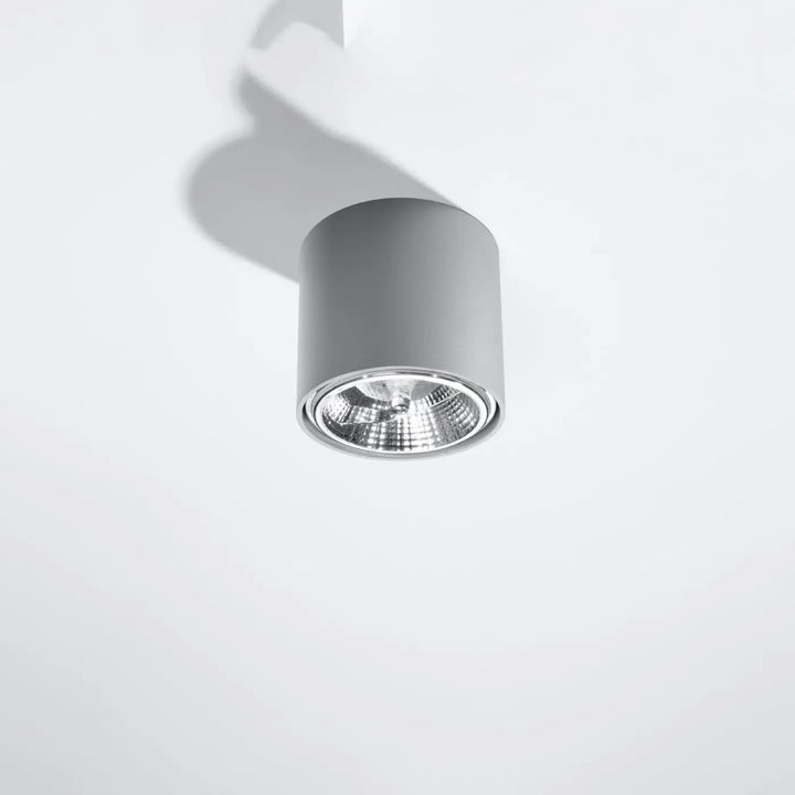 Plafonnier tiube gris cylindrique avec interieur metallique reflecissant forme minimaliste et design moderne