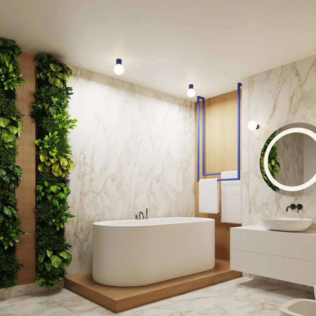 Baignoire autoportante blanche nervurée avec luminaire plafonnier halo et sphère laiteuse pour bureau décorative