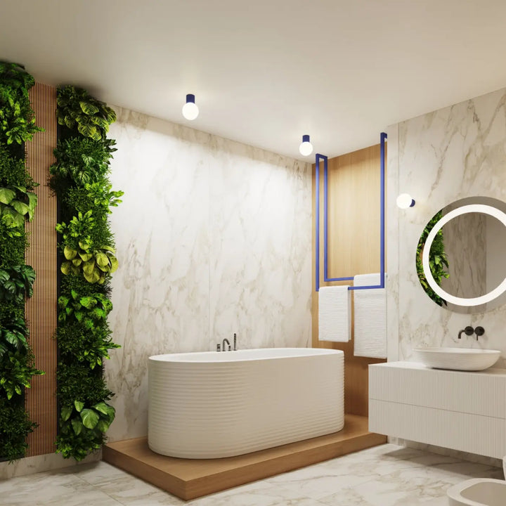 Baignoire autoportante blanche nervurée avec luminaire plafonnier halo et sphère laiteuse pour bureau décorative