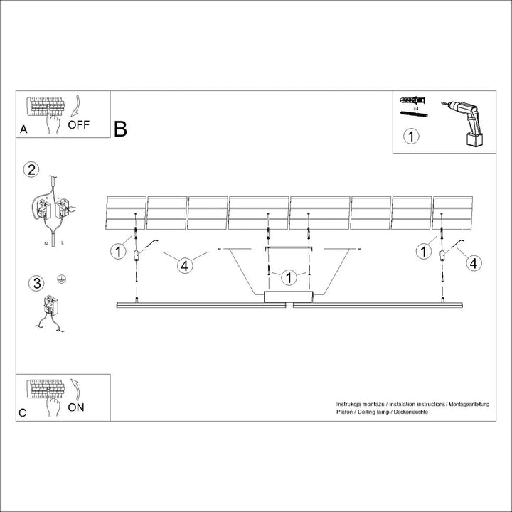 Diagramme dinstallation en ligne noir et blanc pour plafonnier lagom vert olive 4000k avec trois longueurs ocre rouge