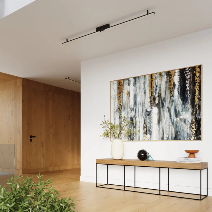 Luminaire plafonnier lagom vert olive 4000k avec peinture abstraite noire blanche et or dans cadre bois, plafonniers linéaires trois longueurs ocre rouge