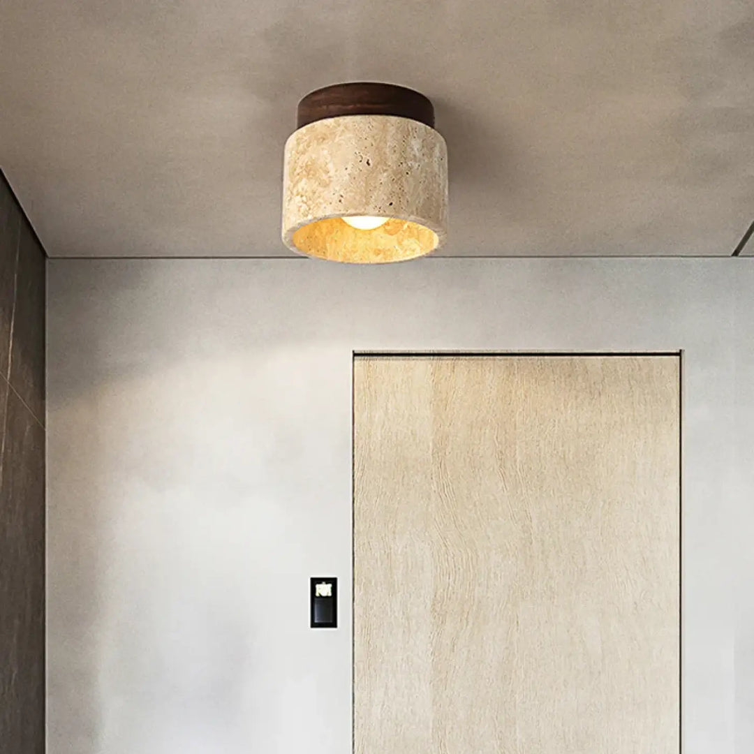 Plafonnier led pierre et bois pour entrée ou salon élégant