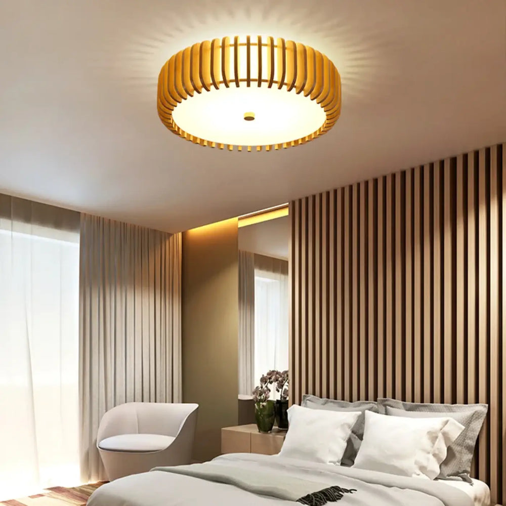 Plafonnier luminaire rond warm-toned avec design bois À lattes plus qu’un luminaire décoratif batou