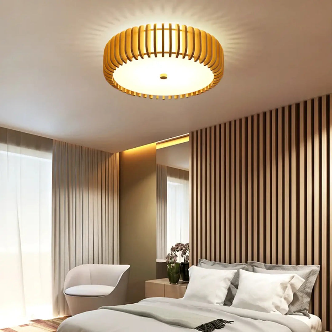 Plafonnier luminaire rond warm-toned avec design bois À lattes plus qu’un luminaire décoratif batou
