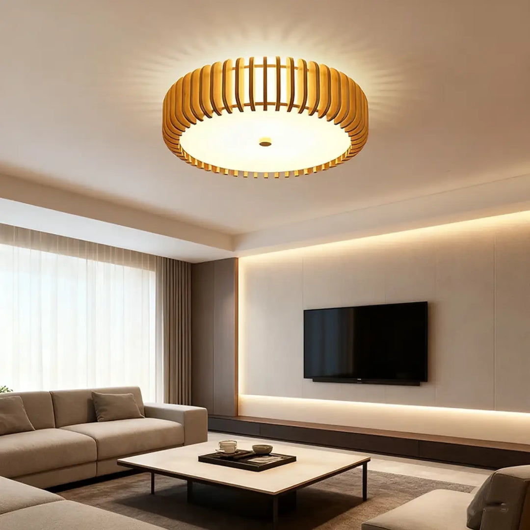 Plafonnier luminaire rond warm-toned avec design en bois à lattes bois à lattes plus qu un décor lumineux