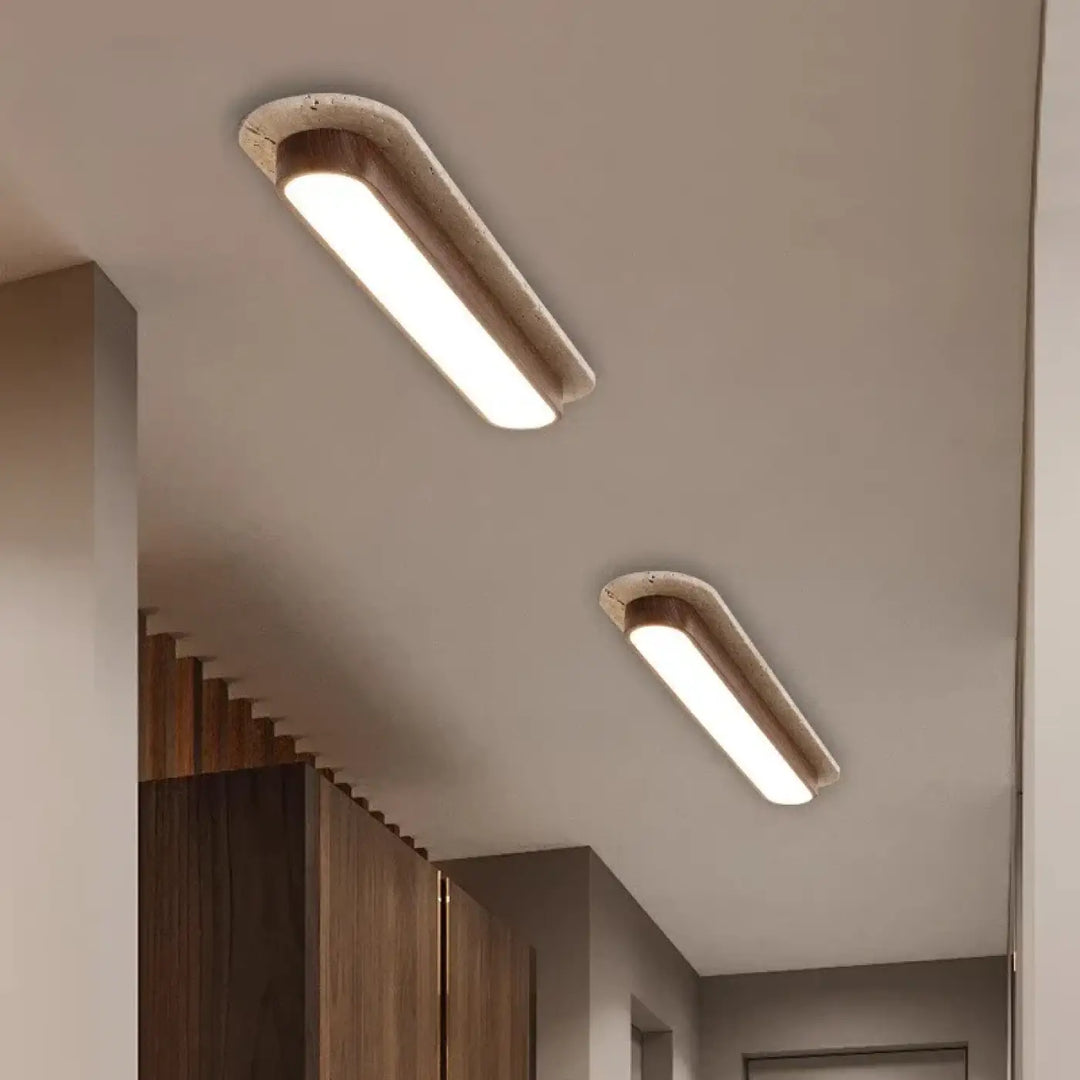 Luminaire plafonnier sabrih avec led intégré et finition béton beige texturé pour plafonnier moderne bois courbé