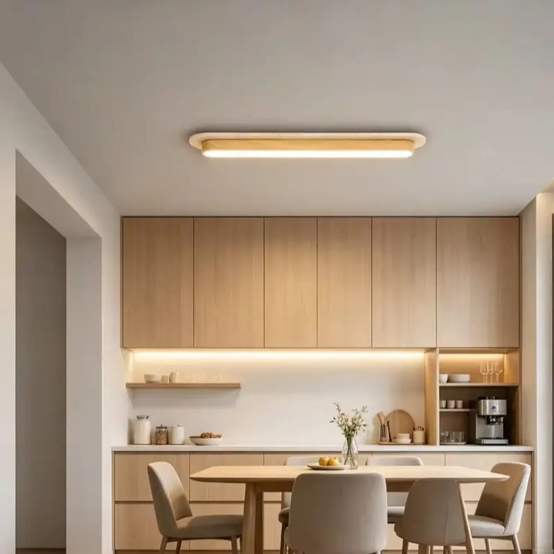 Luminaire plafonnier sabrih moderne en bois courbé avec led intégré et lumière douce rectangulaire