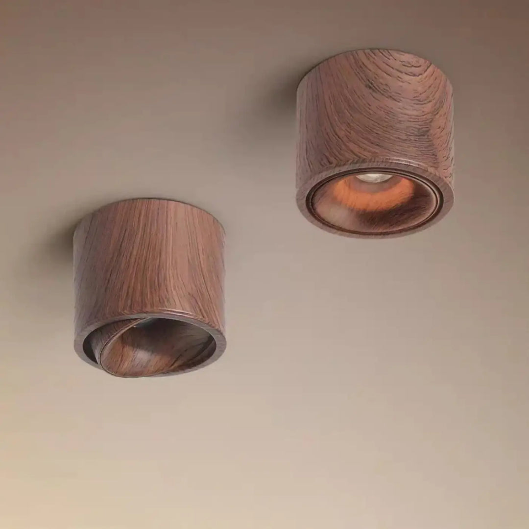 Luminaire plafonnier kryo deux spots cylindriques en bois naturel avec flux lumineux réglable d’un variateur