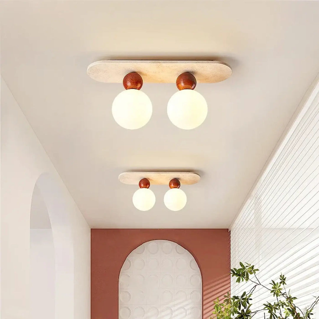 Luminaire plafonnier elliptia design minimaliste en bois poli avec deux ampoules sphériques chaudes pour salle à manger moderne
