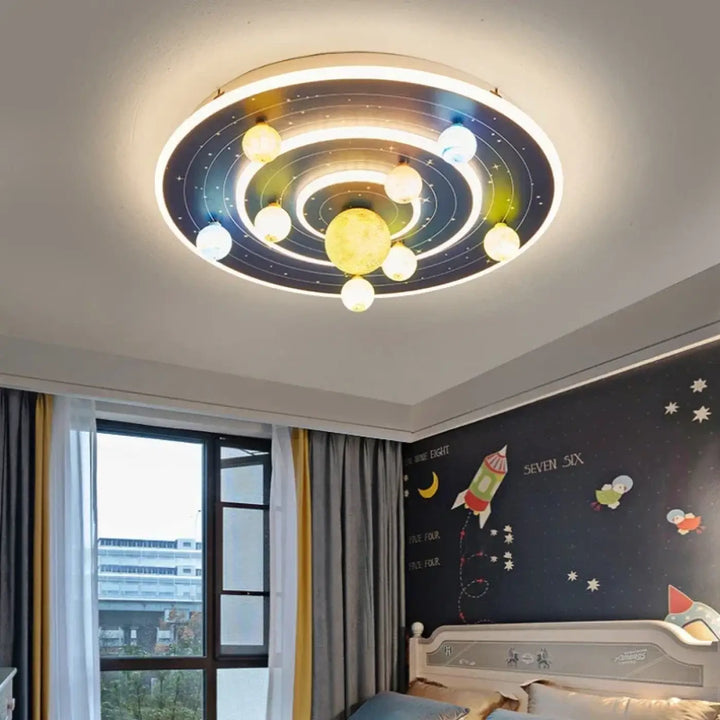 Luminaire plafonnier cosmio avec design univers galactique moderne univers galactique planètes lumineuses jaunes et bleues