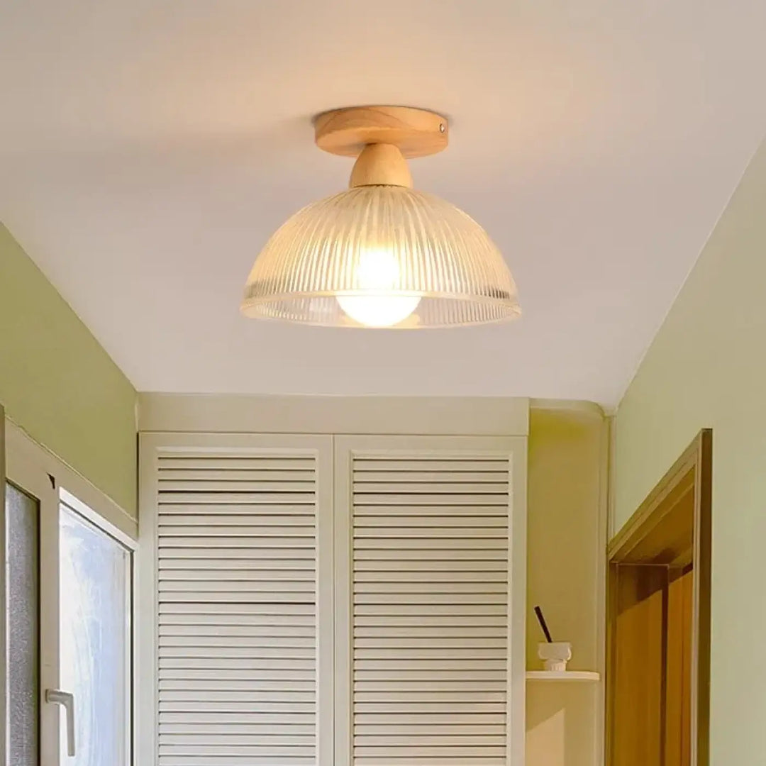 Plafonnier moderne luminaire couli en verre rainuré chaud avec base en bois naturel pour décoration intérieure