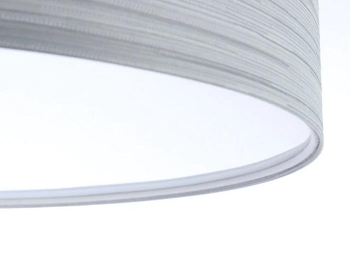 Plafonnier rond mesh gris avec abat-jour cylindrique finition textile effet bois blanc lisse