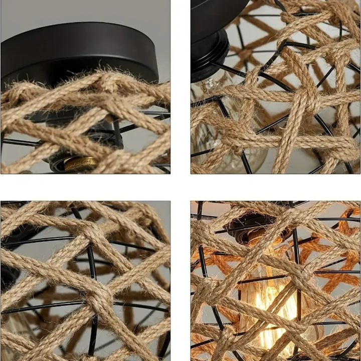 Plafonnier rustique en corde et métal style bohème naturel
