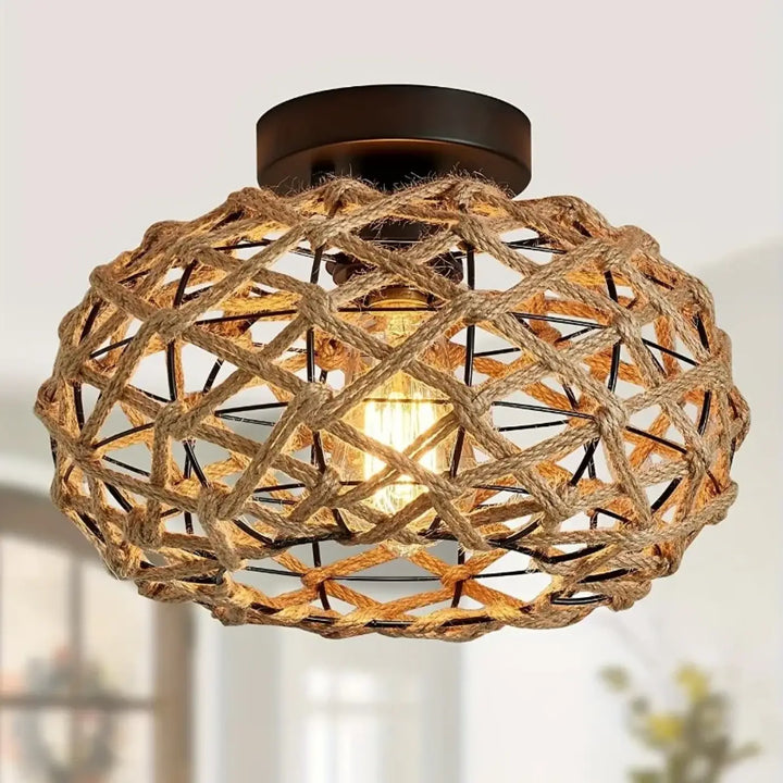 Plafonnier rustique en corde et métal style bohème naturel