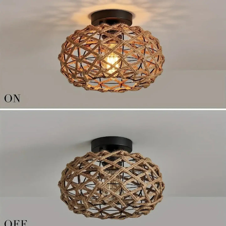 Plafonnier rustique en corde et métal style bohème naturel