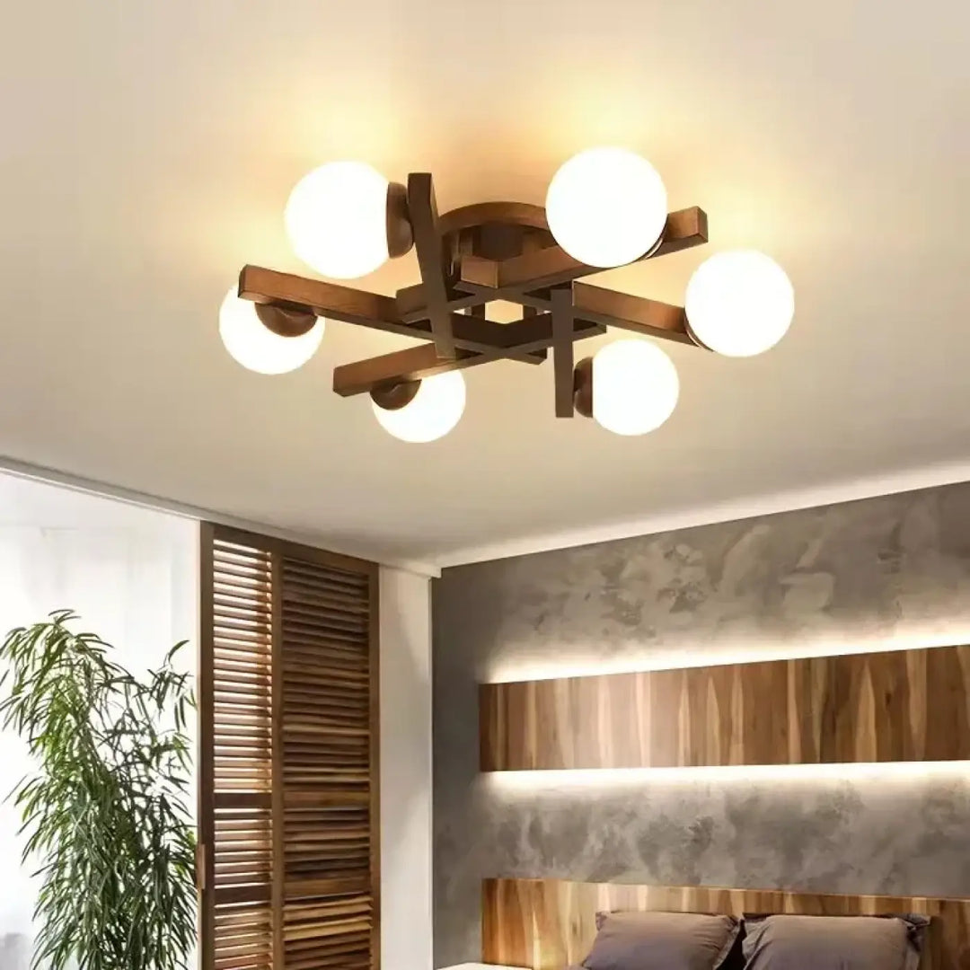 Plafonnier scandinave en bois avec globes style naturel