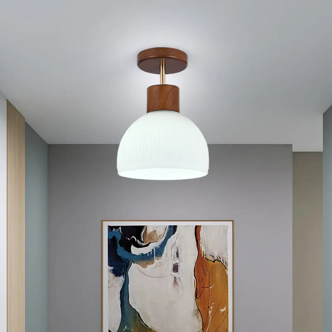 Plafonnier Scandinave Bois Et Verre Blanc Opalin

