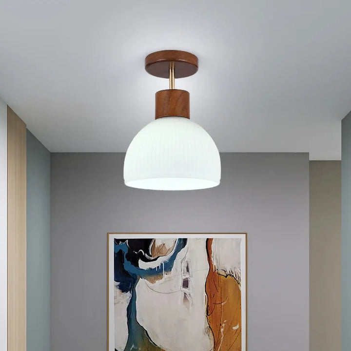 Plafonnier Scandinave Bois Et Verre Blanc Opalin

