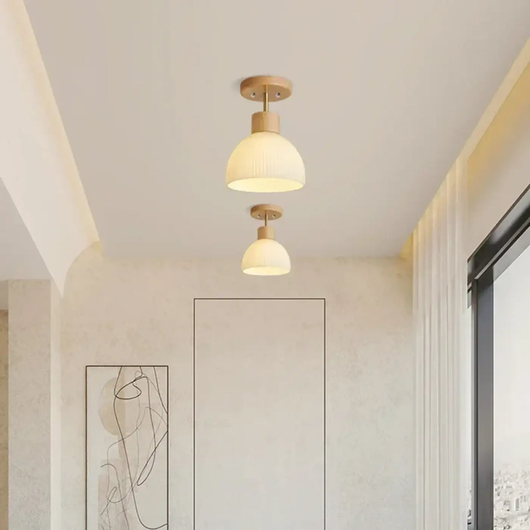 Plafonnier Scandinave Bois Et Verre Blanc Opalin

