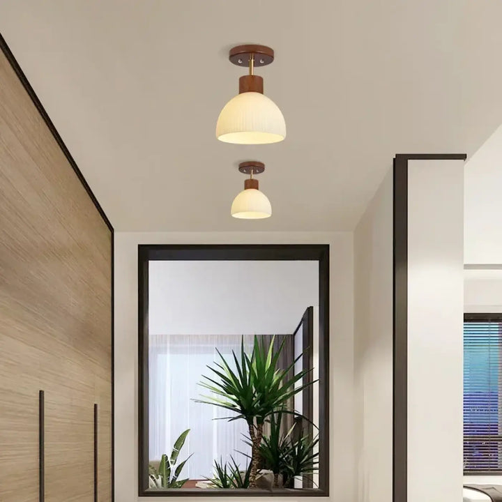 Plafonnier Scandinave Bois Et Verre Blanc Opalin

