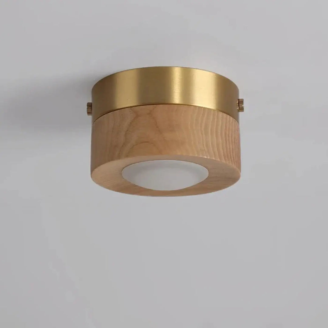 Luminaire plafonnier ulori avec corps en bois naturel et accents en finition laiton doré pour un éclairage moderne