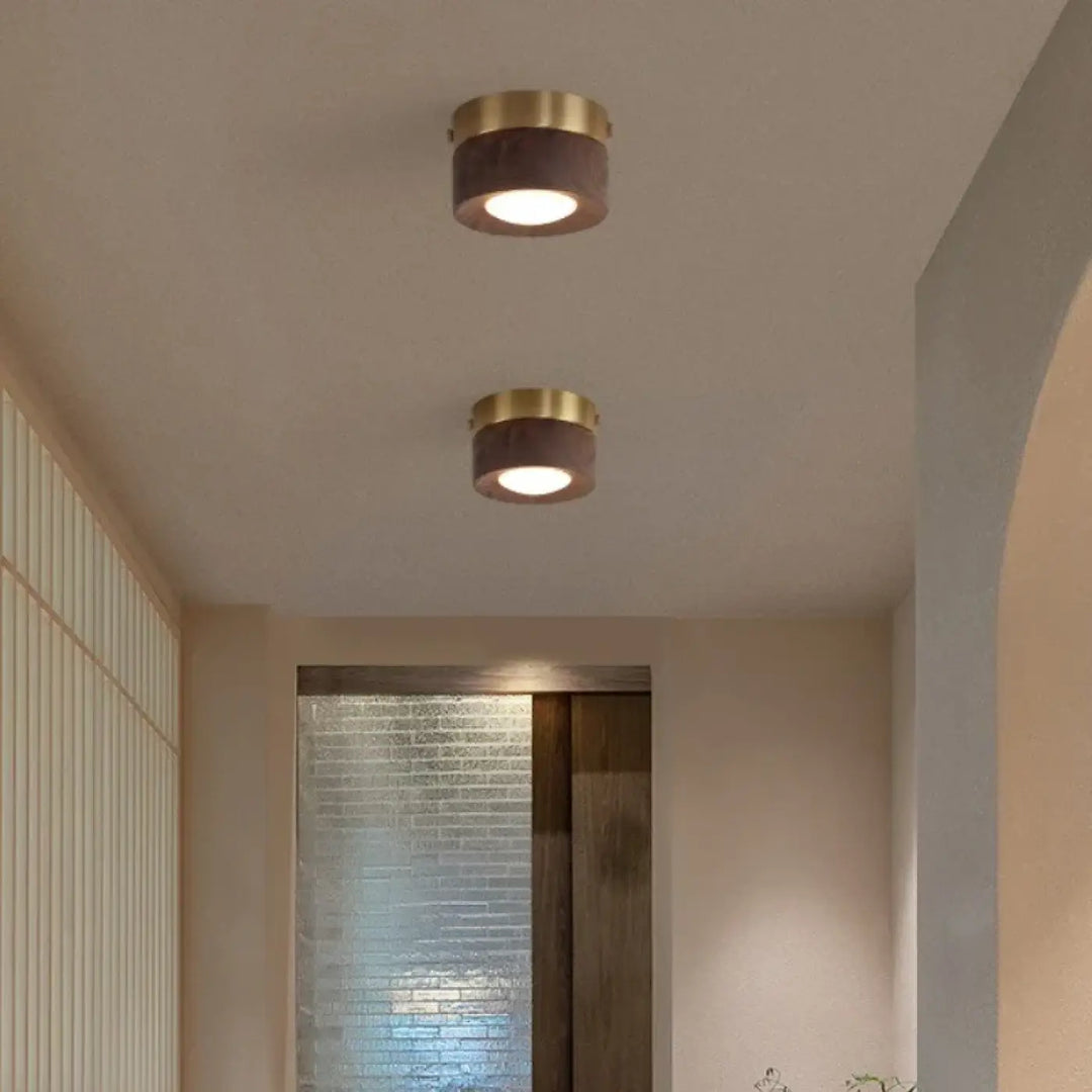 Luminaire plafonnier ulori avec anneaux en finition laiton doré et centres en bois naturel émettant une lumière chaleureuse