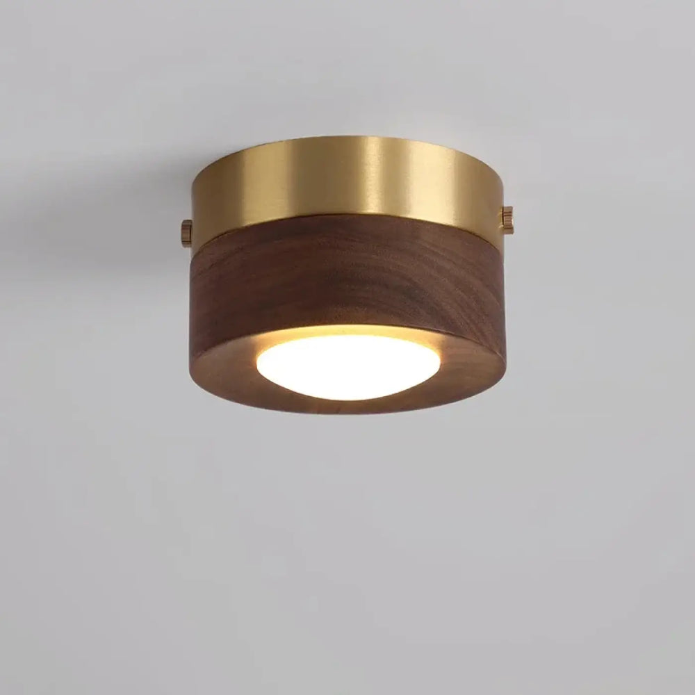 Luminaire plafonnier ulori avec finition laiton doré et base en bois naturel émettant une lumière blanche douce