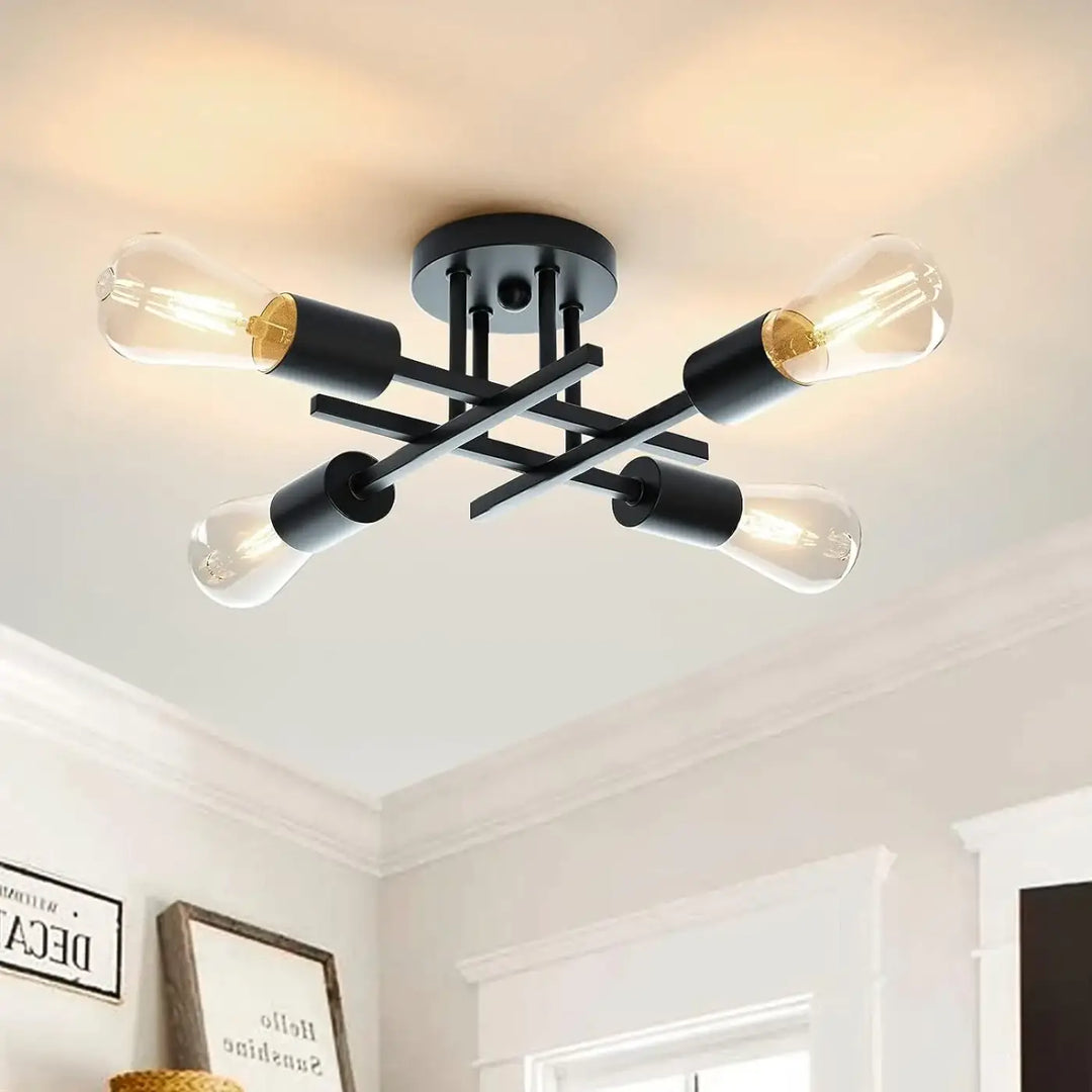 Plafonnier Style Loft Noir Avec Tubes Croisés Et Ampoules

